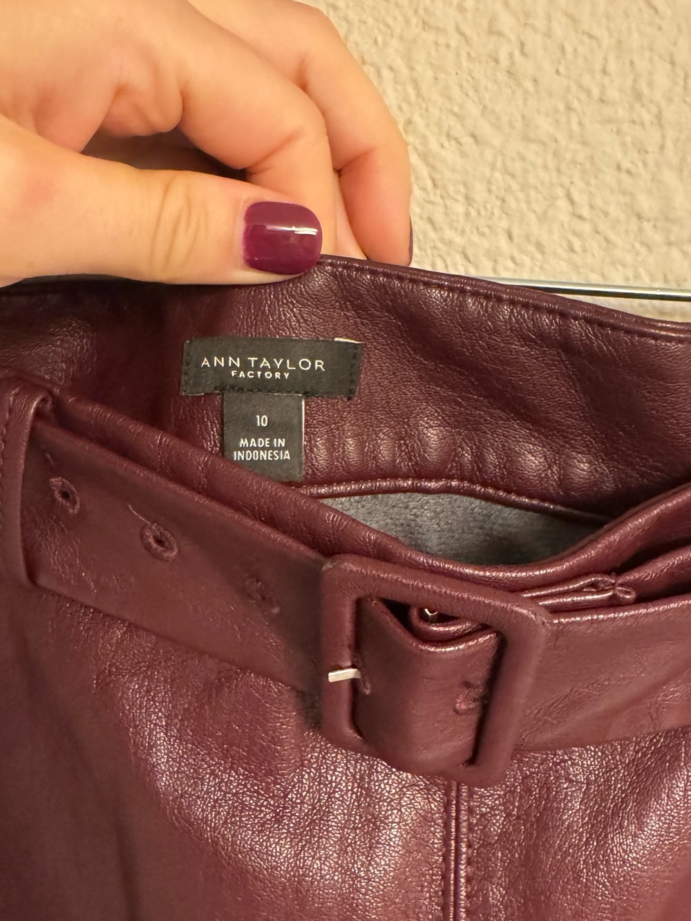 Ann Taylor Factory Burgundy Faux Leather Belted Midi Skirt - Picture 2 of 3